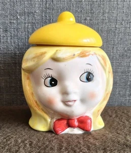VTG Japanese Unmarked Blonde Girl Bow Hat Ceramic Candy Cookie Trinket Jar Japan - Picture 1 of 12