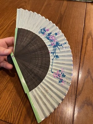 Vtg Hand Painted Fan paper & 7” Long bamboo Handle Hand Painted Pink Flowers - Image 1 of 4