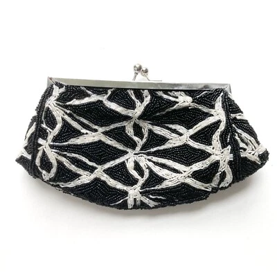NINA Beaded Bag Kiss Lock Chain Metal Strap Black White Design Pink Lining - Image 1 of 4