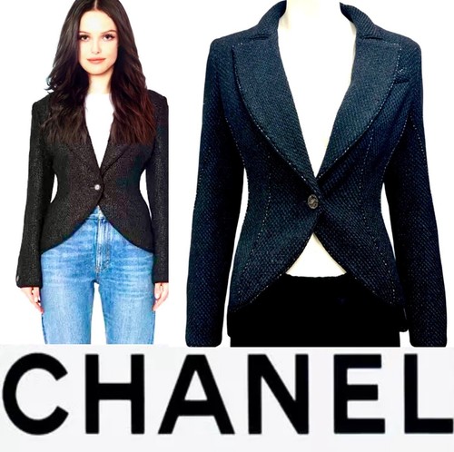 Giacca boucle tweed nero 5K Chanel 2015 34 36 38 2 4 6 cappotto top camicia logo S M