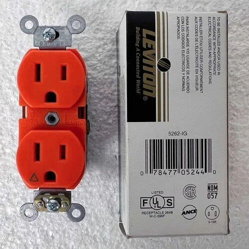 LEVITON 5262-IG 2 Pole - 3 Wire Isolated Ground Duplex Receptacle, Orange - Image 1 of 1