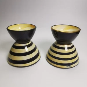 ~ Vintage Jersey Keramik ~ Paar Kerzenhalter ~ gelb & blau Wirbel Design ~ - Bild 1 von 9