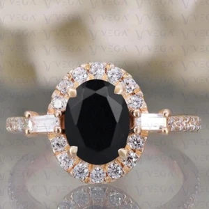 3.00Ct Oval Cut Natural Black Onyx & Diamond 100% Real 14k SOLID Rose Gold Ring - Picture 1 of 14