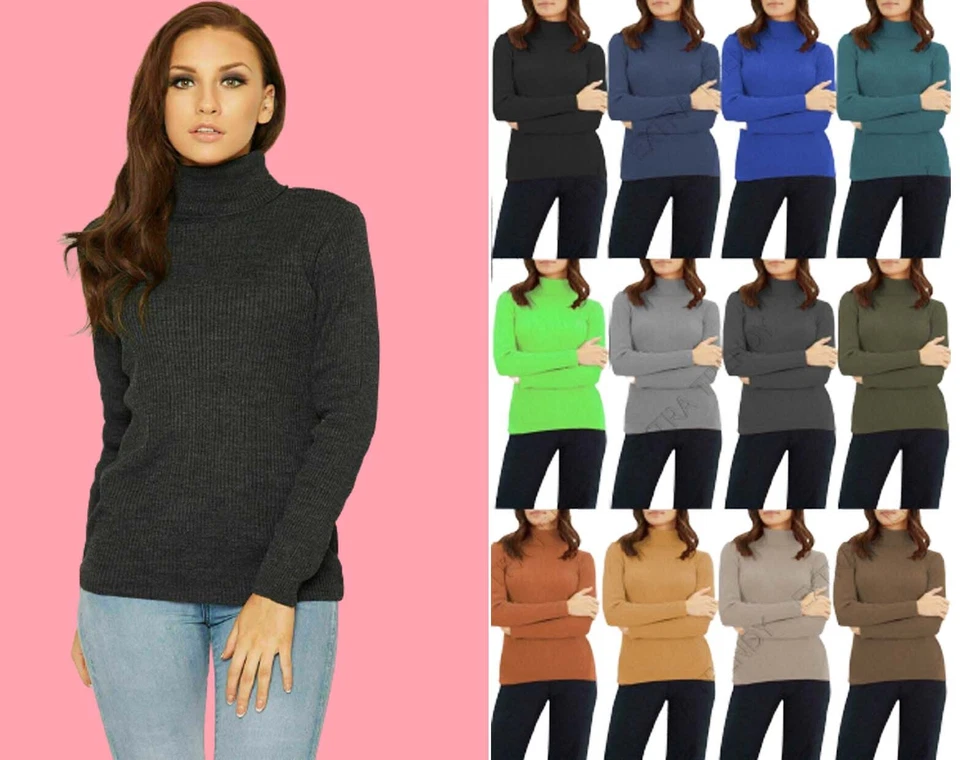 WOMENS LADIES SKINNY RIBBED POLO TURTLE HIGH ROLL NECK LONG SLEEVE TOP UK 8-26 - Image 1 of 1