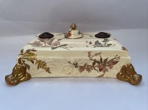 1877 Antique Royal Worcester Porcelain Brass Inkwell Art Nouveau Gold Gilt Foot - Picture 1 of 12