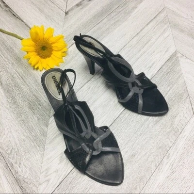 Diesel Women's LEO Black Pewter Sandals Heels Size 8 - Image 1 of 4