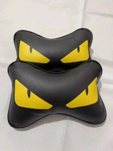 2 pcs YELLOW FEND! EYES CAR HEADREST PILLOWS Comfy Luxury Neck Support - Picture 1 of 2