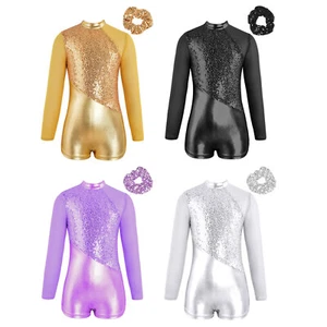 Kids Girls Dancewear Sequin Outfit Sparkling Sets Zipper Back Bodysuit Ballet - Picture 1 of 53