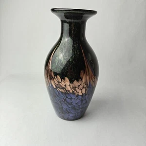 Large Murano Vintage Art Glass Vase Black with Blue Green Purple and Copper 9" - Picture 1 of 12
