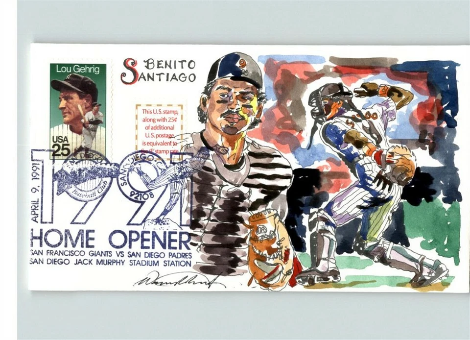 Hand Painted BENITO SANTIAGO, Baseball's 1991 Home Opener, Wild Horse cachet - Image 1 of 1