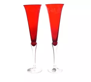 Lenox Holiday Gems Flautas Tostadas Vidrio Rojo Rubí Juego de 2 Vidrio Grabado NUEVO 11" - Imagen 1 de 3