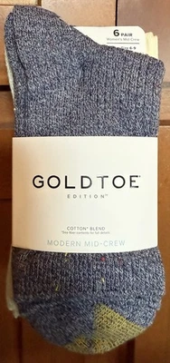 ¡Nuevo! Paquete de 6 calcetines modernos Mid Crew para mujer GOLDTOE EDITION. Zapato talla 6-9. Foto 1 de 4