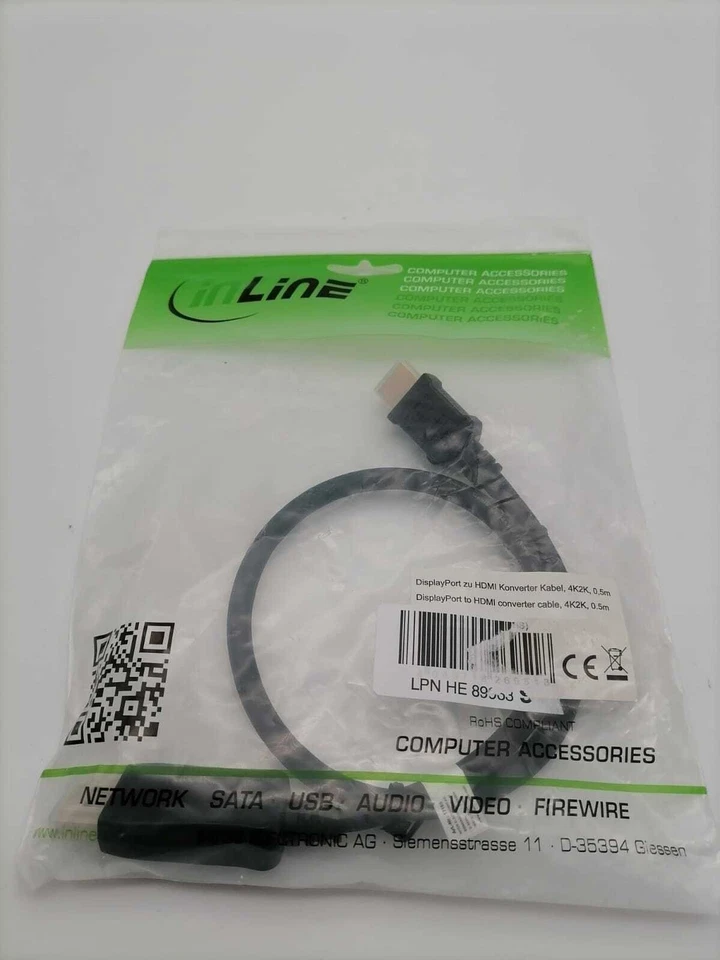 InLine DisplayPort zu HDMI Kabel 0,5m – DP auf HDMI Konverter, Schwarz - Bild 1 von 4