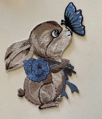 EXTRA Large Embroidered Patch - Rabbit with Butterfly  **Sew On Only - Image 1 of 2