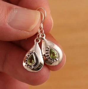 Natural Peridot 925 Sterling Silver Teardrop Shaped Dangle Drop Earrings Boxed - Picture 1 of 5