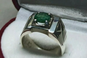 Natural 1 Ct Green Sawat Emerald Sterling Silver 925 Handmade Zamurd Mens Ring - Picture 1 of 12