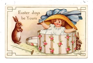 EMBOSSED EASTER PC ~ GIRL IN BOX WEARS A LARGE HAT, RABBITS, WHITNEY PUB ~ 1910s - Picture 1 of 3