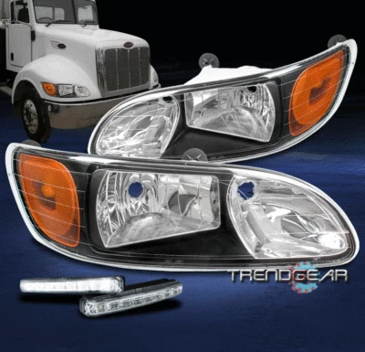 For 2005-2010 Peterbilt 330 335 387 Truck Black Headlight Headlamp +LED DRL Kit - Image 1 of 4