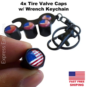 4pcs American Tire Valve Cap Stem Cover With Matching Wrench Keychain - Picture 1 of 9