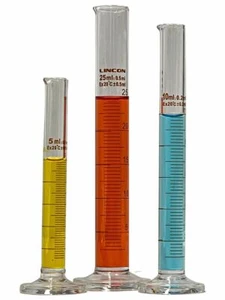 Set of 5mL, 10mL, & 25mL GLASS MEASURING CYLINDERS, ROUND BASE, GRADUATED Tall f - Picture 1 of 4