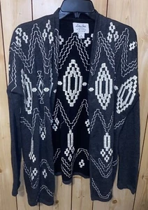 Lucky Brand Damen-Cardigan klein grau/creme Southwestern bestickt offen drapiert - Bild 1 von 6