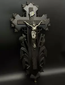 French crucifix Wood metal Cross Antique Religious Wood 1870s Large Altar Rare⭐ - Picture 1 of 12