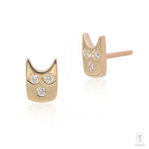 VS/F-G Diamond 14K Gold Kitty Cat Studs Earrings- For Gifting - Picture 1 of 11