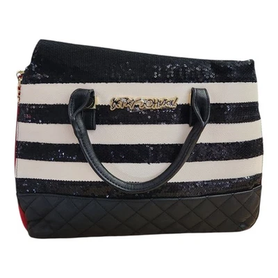 Cartera acolchada Betsey Johnson Be Mine negra blanca a rayas lentejuelas Foto 1 de 4