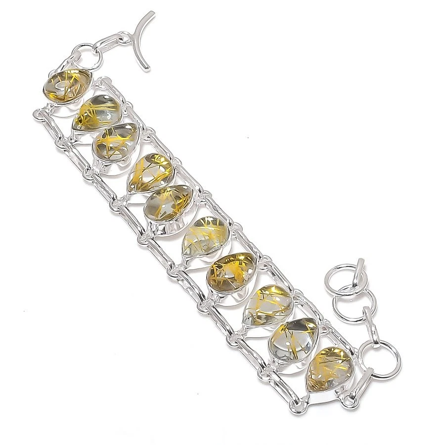Gold Rutilated Quartz Gemstone 925 Sterling Silver Jewelry Bracelet Size 7-8" - Image 1 of 1