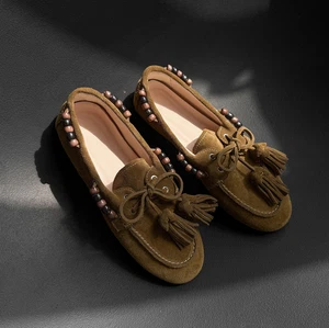 Mujeres Gamuza Cuero Planos Puntera Redonda Zapatos Con Cordones Informales Cuentas Borla Mocasines - Imagen 1 de 10