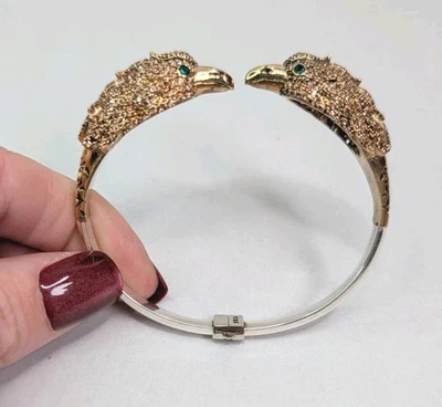 Double Eagle Head Bracelet Hawk Hinged Bangle Sterling Base Bronze Top - Image 1 of 4