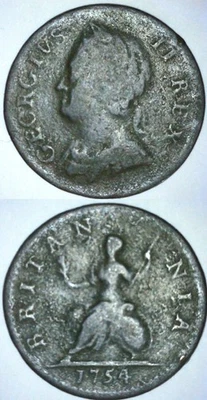 1754 BRITAIN Farthing 1/4 Penny George II American Colonial Era Copper Coin M07 - Image 1 of 4