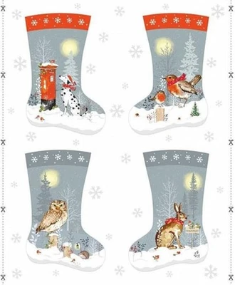 Nutex Fabric Winter Moon Stocking Panel Robin Owl Rabbit Dalmatian 100% Cotton - Image 1 of 4
