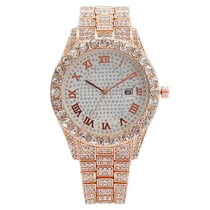 Date Mens Women Luxury Diamond Quartz Bling Watch Hip hop Wristwatch Waterproof - Picture 1 of 14