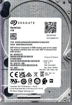 ST4000LM024 P/N: 2U817V-566 F/W: 0001 S/N: WCKBE 4TB JUL 2025 THAILAND SEAGATE - Image 1 of 2