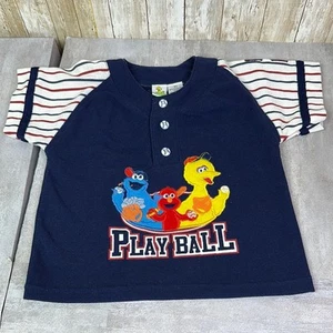 Vintage 2001 Sesame Street Play Ball Kids Shirt - Navy stripe baseball tee - Picture 1 of 7