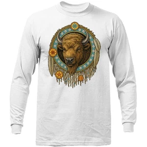 Native American-Inspired Buffalo Dreamcatcher Feather Animal Long Sleeve Shirt - Picture 1 of 14