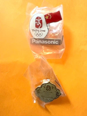 BEIJING OLYMPICS 2 PINS PANASONIC CHINA FLAG & GOLD/SILVER EXECUTIVE NEW - Image 1 of 3