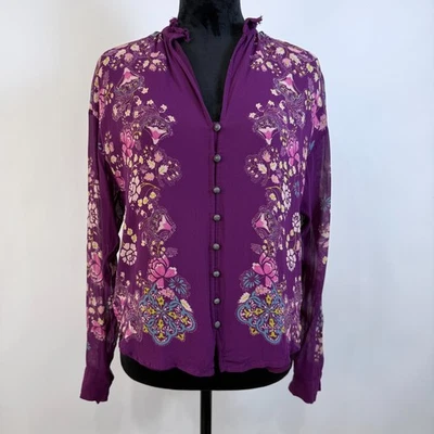 Pilcro Anthropologie The Tavi Floral Button Down Blouse Size S Purple Chiffon - Image 1 of 4