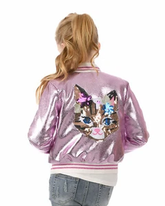 Sold Out  Hannah Banana Girl's Metallic Bomber Jacket w/ Sequin Cat Face Sz 14 - Picture 1 of 2