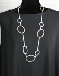 Retro Art Deco Hammered Silver Ovals on Metallic 36 Inch Chain - Picture 1 of 7