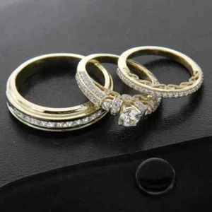 Lab-Created Diamond Couple Wedding Trio Ring Set 14kGold Plated Solid 925 Silver - Picture 1 of 8