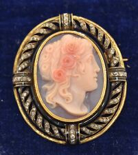 Victorian French Import 18K Hard Stone Cameo Rose Cut Diamond & Enamel Brooch
