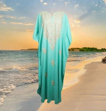 Womens Maxi Kaftan Dresses, Blue Embroidered Dress, Travel Gifts, Boho  L-3XL