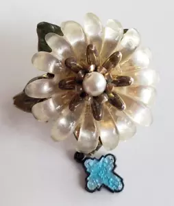 Vintage Kunststoff Blume mit 3/8" 4 Wege Emaille Sterling Kreuz Baumeln Medaille Pin 1" - Bild 1 von 8