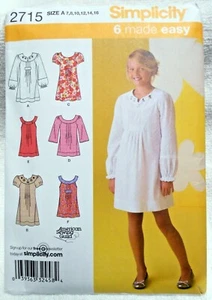 New! Simplicity #2715 Girls Dress - Tunic W/ Neckline - Sleeve Ver. Sz  A 7 -16  - Picture 1 of 2