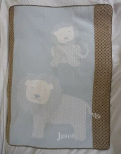 Pottery Barn Kids Lion and Cub Blanket 30 X 40" Blue Brown "Jason" NWOT - Picture 1 of 4