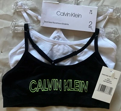 NUEVO CON ETIQUETAS SUJETADOR BRALETTE CALVIN KLEIN NIÑAS SIN COSTURAS 1 NEGRO 1 BLANCO ESPALDA DEPORTIVA M 7-8 Foto 1 de 2
