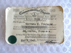 rEAL ESTATE LICENSE COMMONWEALTH VIRGINIA ORIGINAL 1949 CARD VINTAGE neocurio - Picture 1 of 3