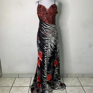 Orna Farho Women's Black Red Animal Print 100% Silk Evening Maxi Gown Size 44 - Picture 1 of 12
